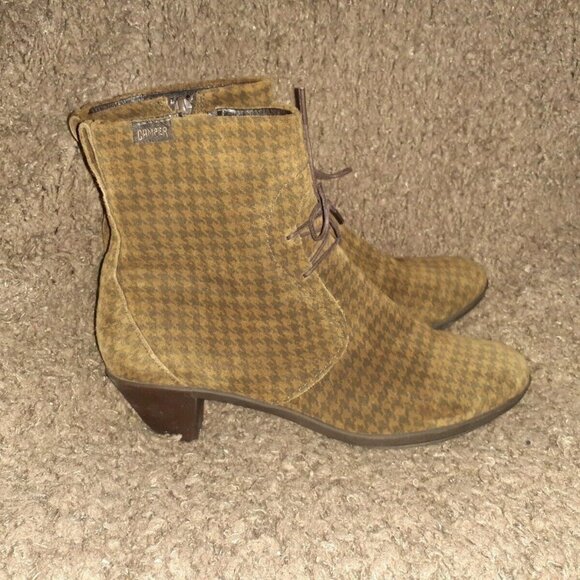 CAMPER-Agatha Brown/Black-Houndstooth Suede -Back Zip-Lace Accent-Sz 40-Excellen - Picture 3 of 6